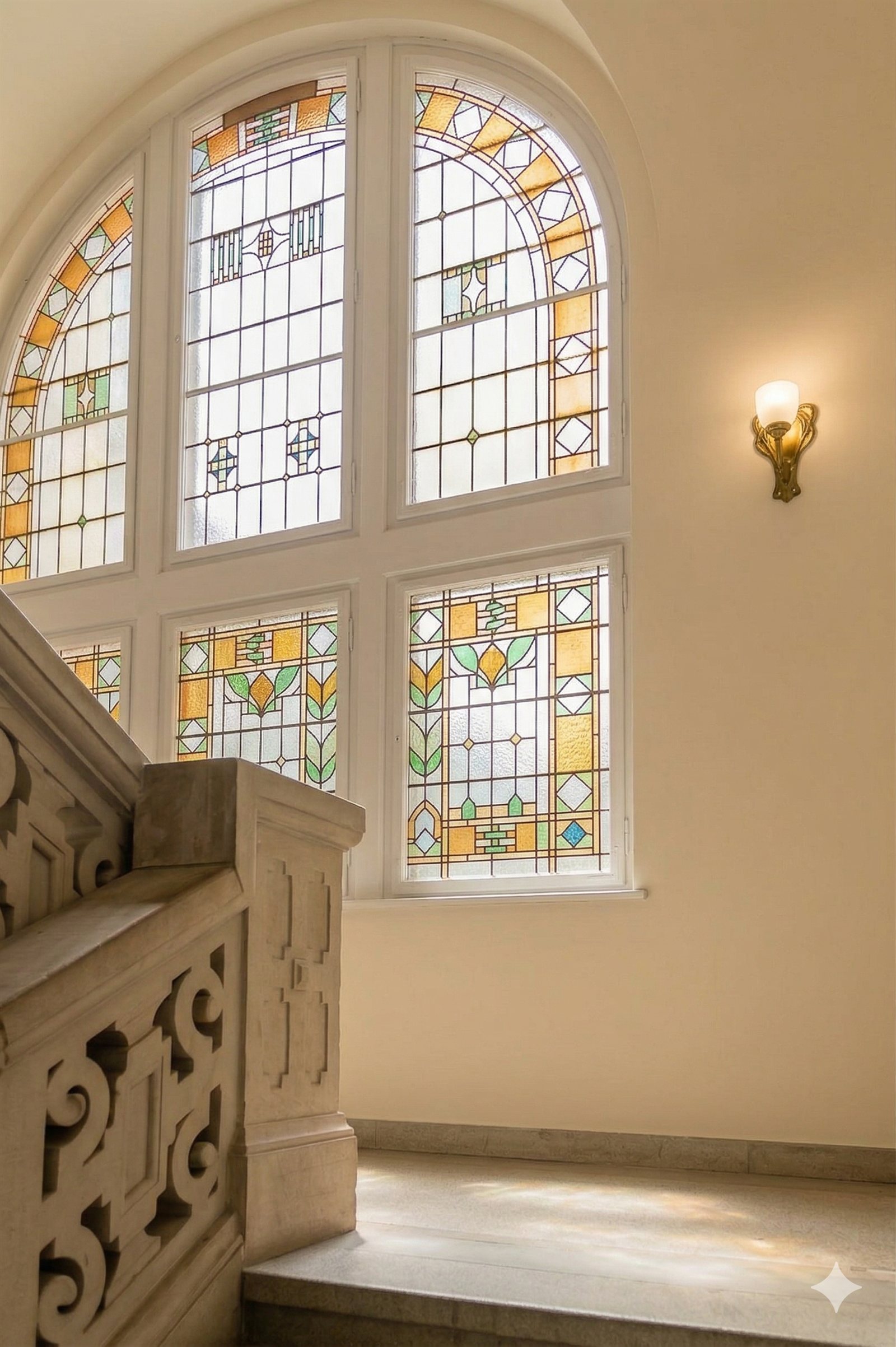 Visualisierung des historischen Treppenhauses mit Buntglasfenstern im Schloss Lenoir
